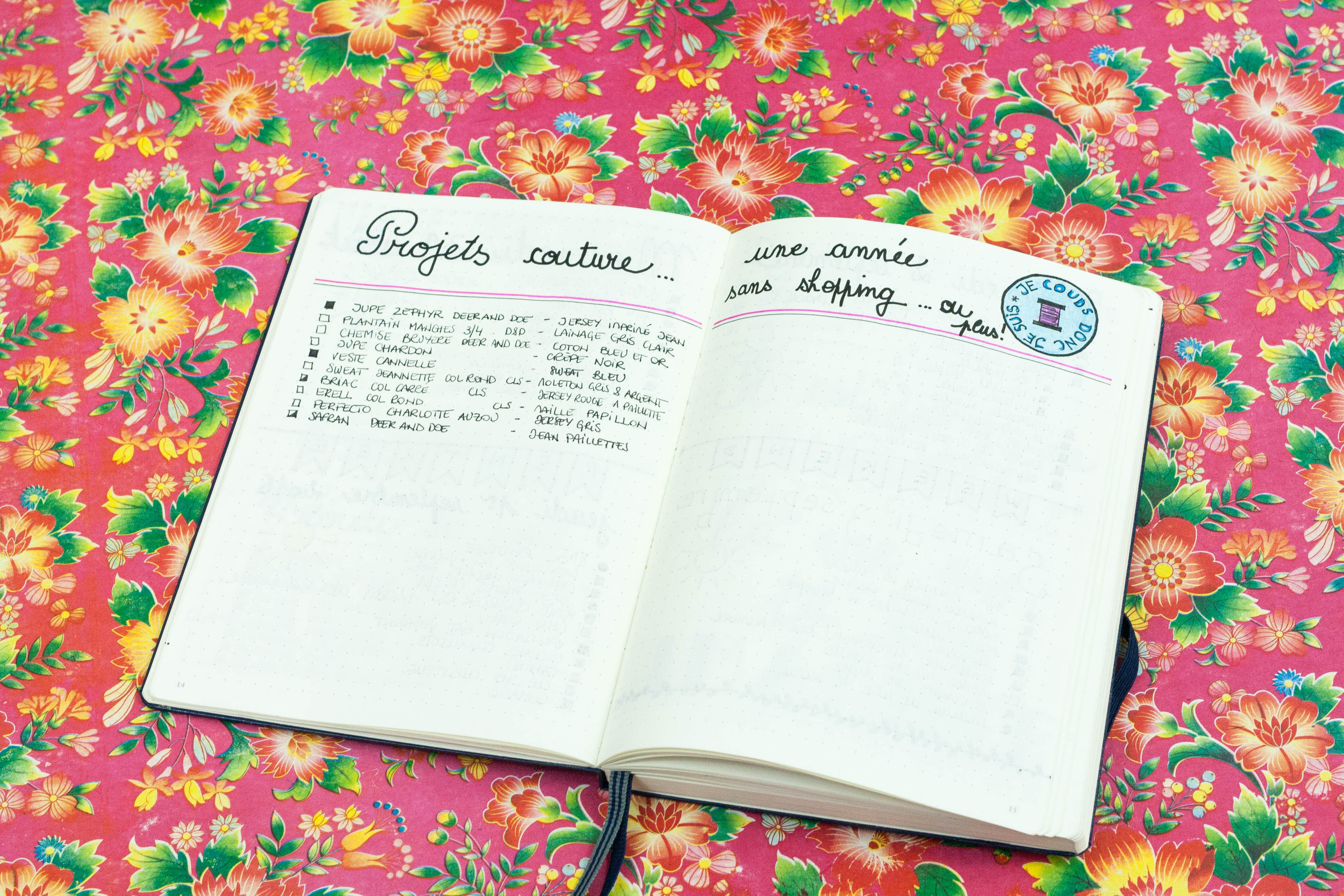 Liste de mes projets de couture dans mon Bullet Journal